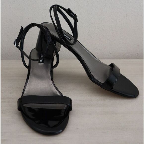 Nine West Women's Sz 10M Black PU Leather Allora Block Heel Sandals - Picture 1 of 7